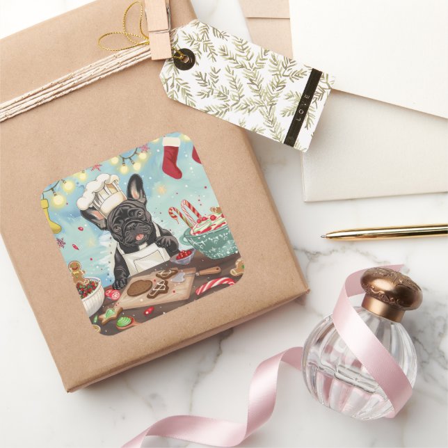 French Bulldog Holiday Baking: Festive Christmas Square Sticker (Gifting)
