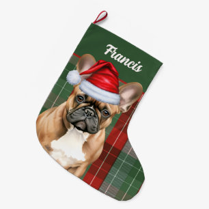 French Bulldog Holiday Plaid and Dogs Name Large Christmas Stocking