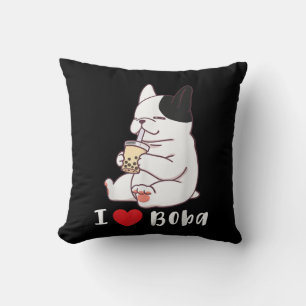 French Bulldog I Love Boba Bubble Milk Tea Dog Cut Throw Pillow