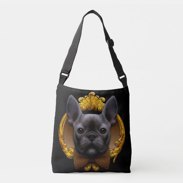French bulldog illustration, blue crossbody bag (Front)