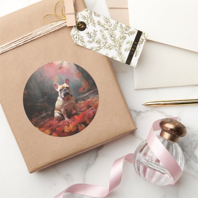 French Bulldog  in Autumn Leaves Fall Inspire  Classic Round Sticker (Gifting)