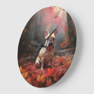 French Bulldog in Autumn Leaves Fall Inspire Large Clock