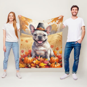 French Bulldog In Autumn Leaves Thanksgiving Art  Fleece Blanket