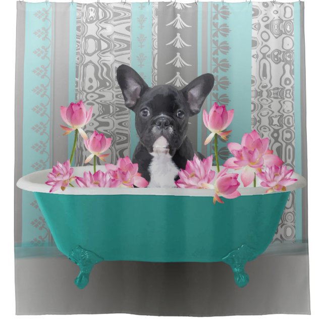 French bulldog in bath Lotus Flowers (Front)