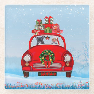 French Bulldog In Car With Santa Claus  Glass Coaster