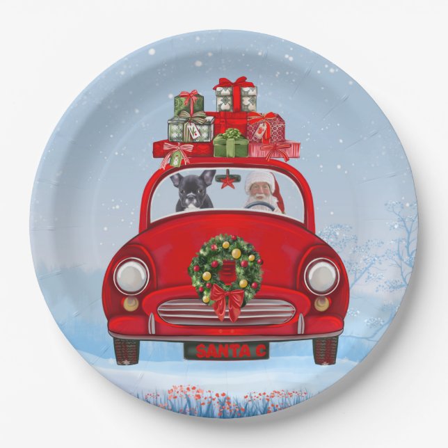 French Bulldog In Car With Santa Claus Paper Plate (Front)
