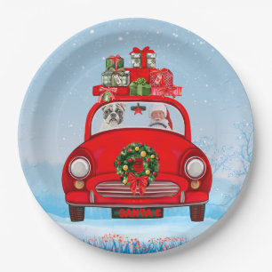 French Bulldog In Car With Santa Claus  Paper Plate