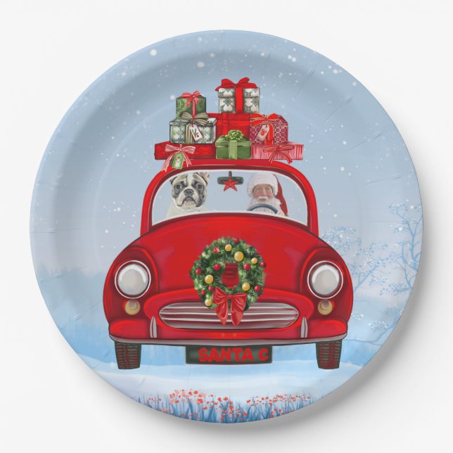 French Bulldog In Car With Santa Claus  Paper Plate (Front)