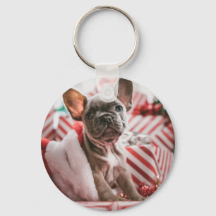 French Bulldog in Christmas Hat Keychain