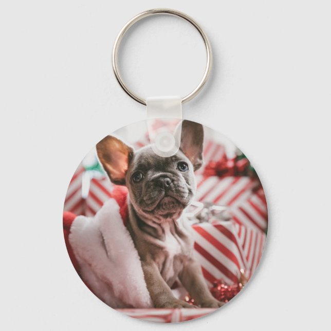French Bulldog in Christmas Hat Keychain (Front)