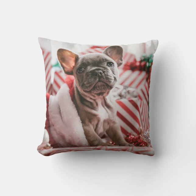 French Bulldog in Christmas Hat Throw Pillow (Front)