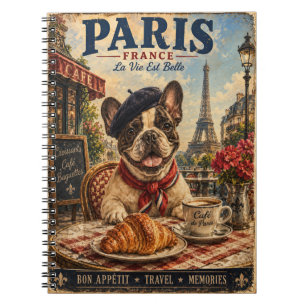 French Bulldog in Paris Café – Vintage Travel Art Notebook