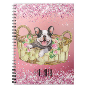 French Bulldog in Pink Floral Watercolor Basket Notebook