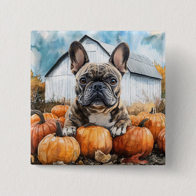 French Bulldog in Pumpkin Patch 2 Inch Square Button (Front)