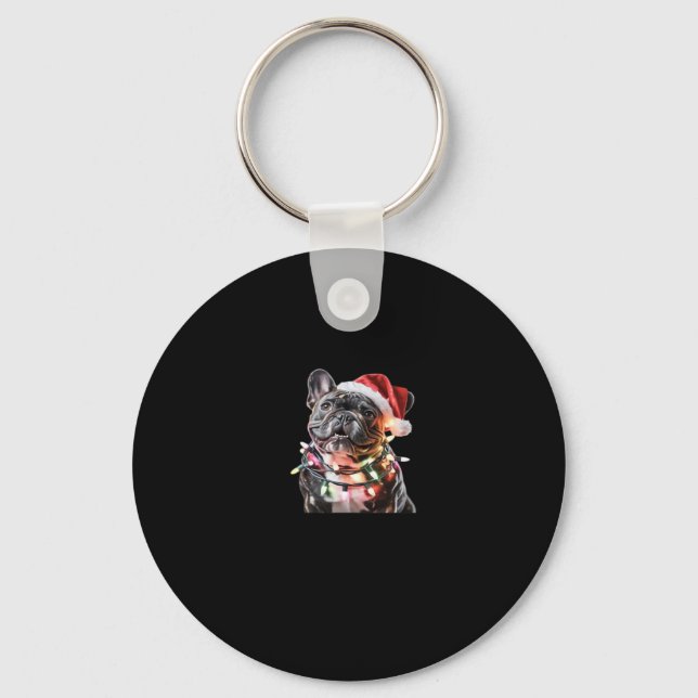 French Bulldog in Santa Hat Wrapped in Christmas L Keychain (Front)