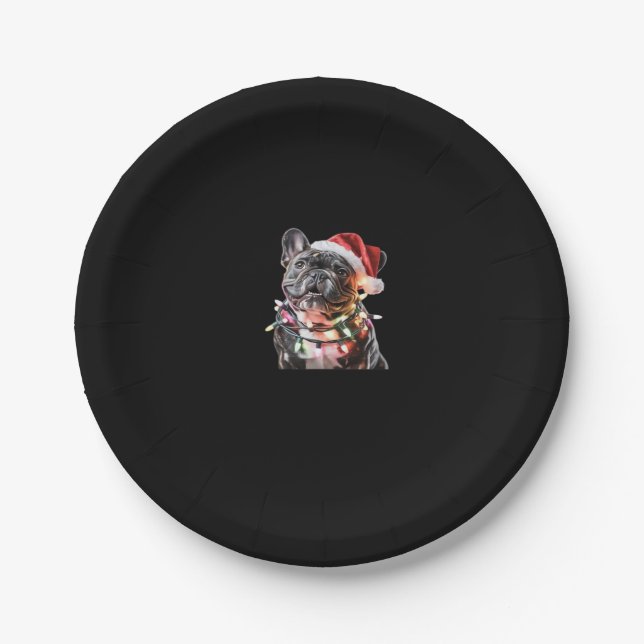 French Bulldog in Santa Hat Wrapped in Christmas L Paper Plate (Front)