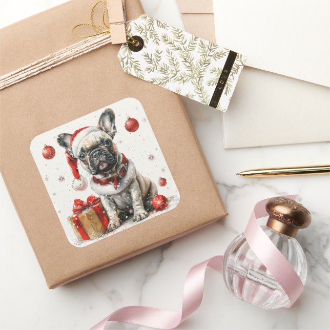 French Bulldog in Santa Suit with Gift Box Square Sticker (Gifting)