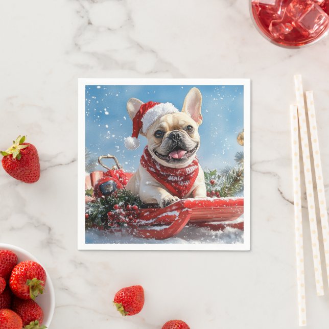 French Bulldog in Sledge Let it Snow Christmas Napkin (Insitu)