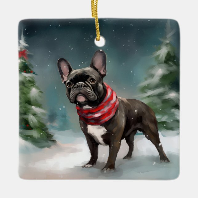 French Bulldog in Snow Christmas Ceramic Ornament (Front)