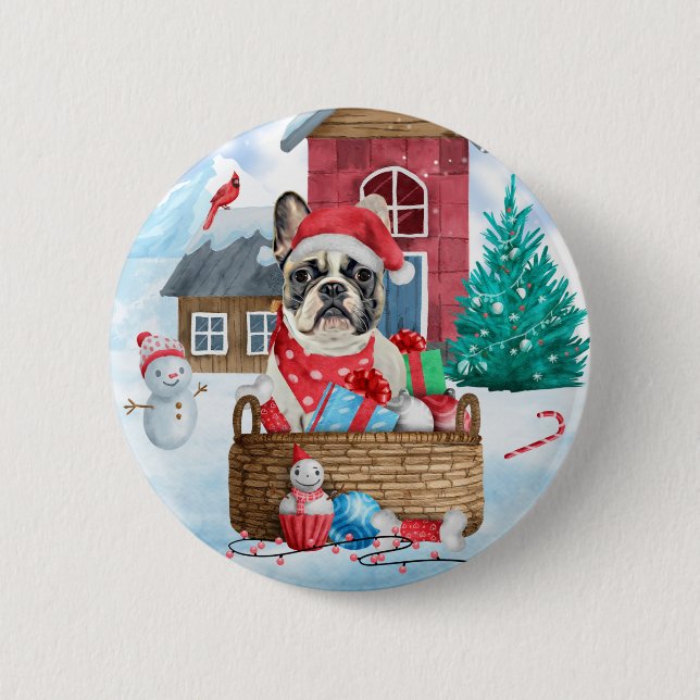 French Bulldog In snow Christmas Dog House 2 Inch Round Button (Front)