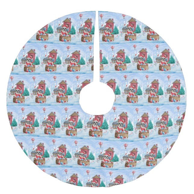 French Bulldog In snow Christmas Dog House Brushed Polyester Tree Skirt (Front)