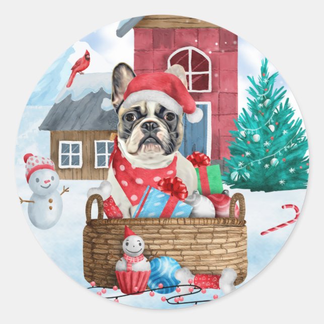French Bulldog In snow Christmas Dog House Classic Round Sticker (Front)