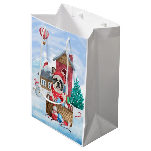 French Bulldog In snow Christmas Dog House Medium Gift Bag (Front Angled)