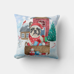 French Bulldog In snow Christmas Dog House Throw Pillow