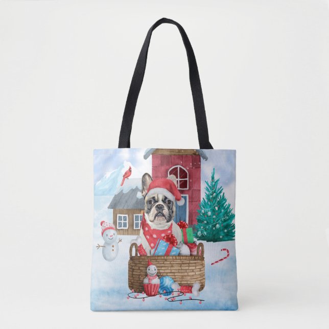 French Bulldog In snow Christmas Dog House  Tote Bag (Front)