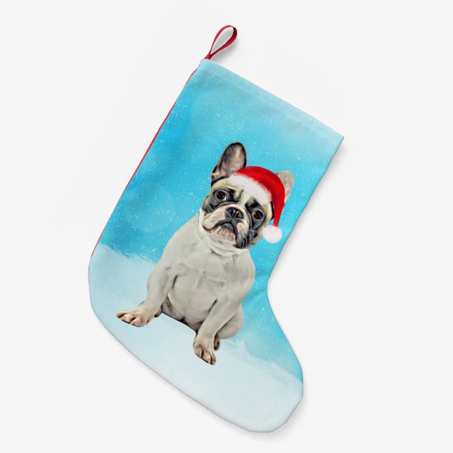 French Bulldog in Snow Christmas Santa Hat Small Christmas Stocking (Front (Hanging))