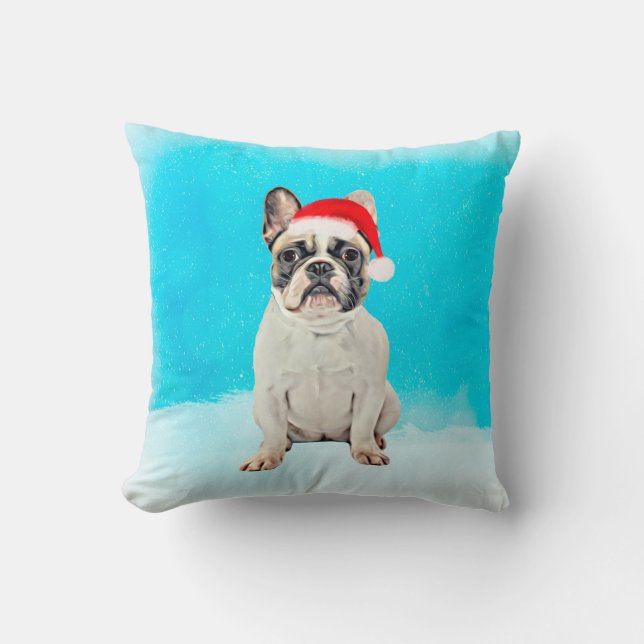 French Bulldog in Snow Christmas Santa Hat Throw Pillow (Front)