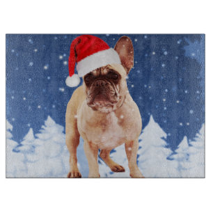French Bulldog in Snow Christmas w Santa Hat Cutting Board