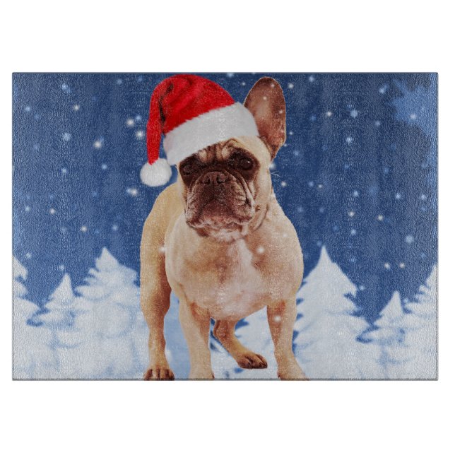 French Bulldog in Snow Christmas w Santa Hat Cutting Board (Front)
