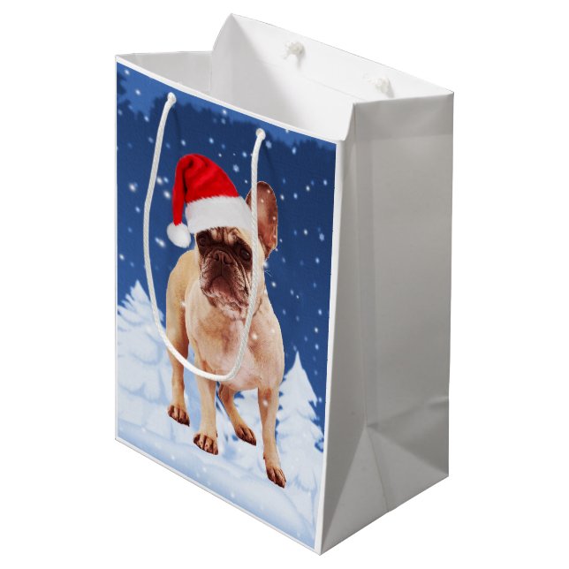 French Bulldog in Snow Christmas w Santa Hat Medium Gift Bag (Front Angled)