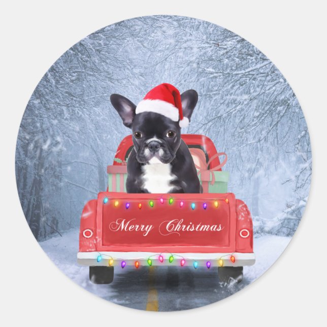 French Bulldog in Snow sitting in Christmas Truck  Classic Round Sticker (Front)