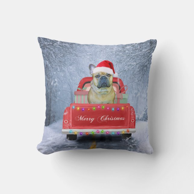 French Bulldog in Snow sitting in Christmas Truck Throw Pillow (Front)