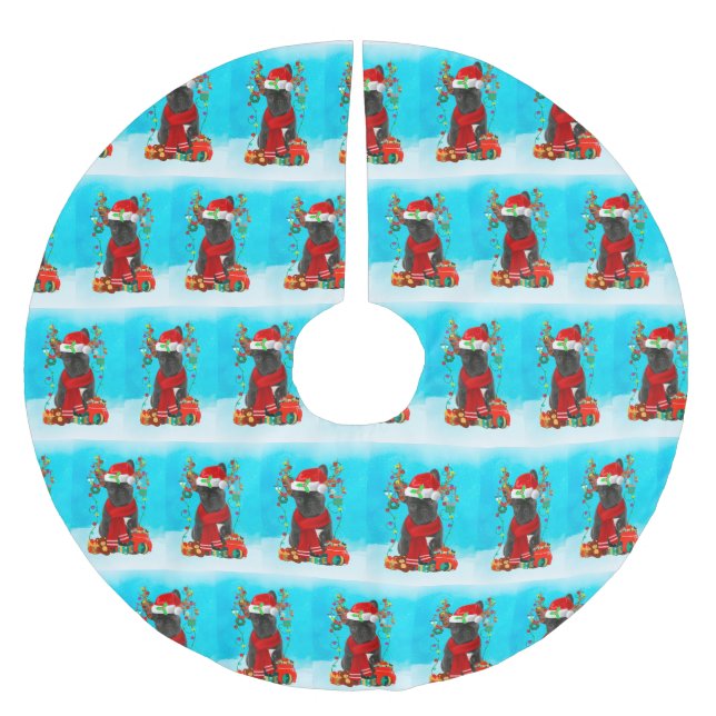 French Bulldog in snow with Christmas gifts  Brushed Polyester Tree Skirt (Front)