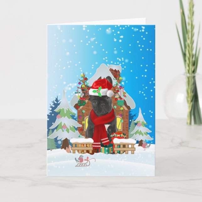 French Bulldog in snow with Christmas gifts Card (Front)