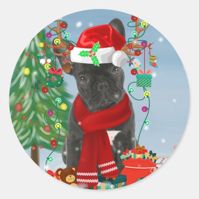French Bulldog  in Snow with Christmas Gifts  Classic Round Sticker (Front)