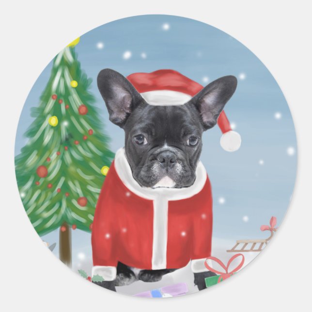 French Bulldog  in Snow with Christmas Gifts  Classic Round Sticker (Front)