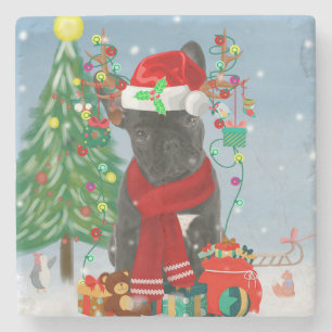 French Bulldog  in Snow with Christmas Gifts  Stone Coaster