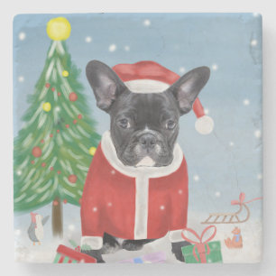 French Bulldog  in Snow with Christmas Gifts  Stone Coaster