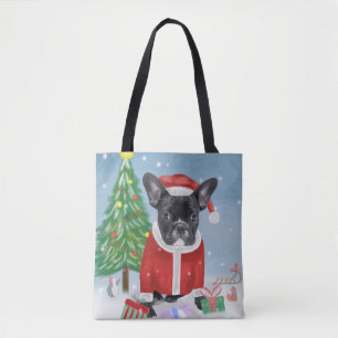 French Bulldog  in Snow with Christmas Gifts  Tote Bag
