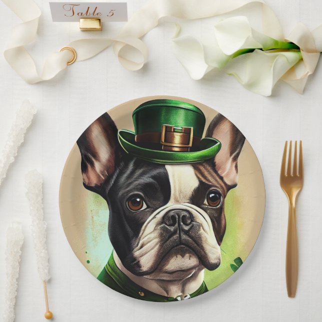 French Bulldog in St. Patrick's Day Dress Paper Plate (Wedding)