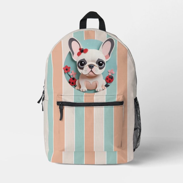 French Bulldog Ladybug Flowers Paper Cutting Art Printed Backpack (Front)