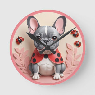 French Bulldog Ladybug Pastel Paper Cutting Art Round Clock