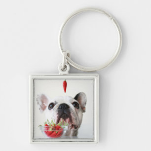 French Bulldog Looking At A Red Pepper Keychain