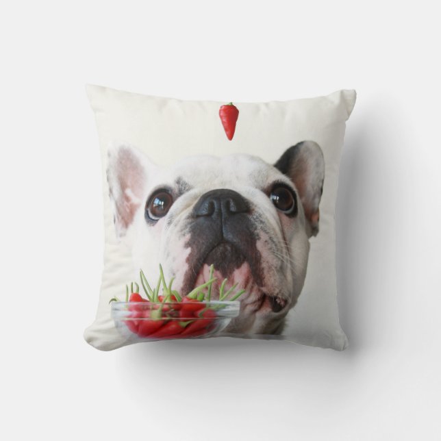 French Bulldog Looking At A Red Pepper Throw Pillow (Front)