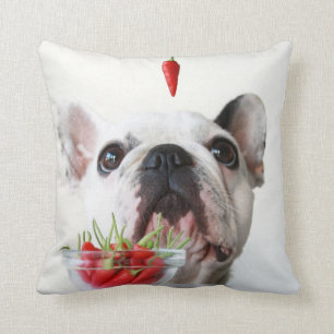 French Bulldog Looking At A Red Pepper Throw Pillow