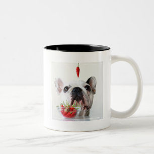 French Bulldog Looking At A Red Pepper Two-Tone Coffee Mug